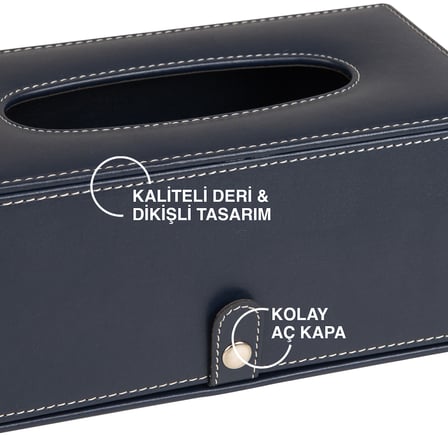2K Premium Tasarım Vegan Deri Mendil ve Peçete Kutusu Maksi Boy Peçetelik Ofis Ev Hediyelik Masa üstü Aksesuar 24x13x10 cm. Lacivert