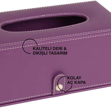 2K Premium Tasarım Vegan Deri Mendil ve Peçete Kutusu Maksi Boy Peçetelik Ofis Ev Hediyelik Masa üstü Aksesuar 24x13x10 cm. Lila