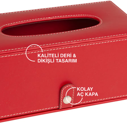 2K Premium Tasarım Vegan Deri Mendil ve Peçete Kutusu Maksi Boy Peçetelik Ofis Ev Hediyelik Masa üstü Aksesuar 24x13x10 cm. Kırmızı