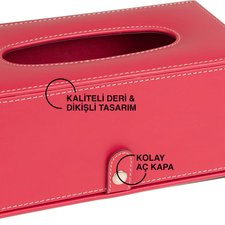 2K Premium Tasarım Vegan Deri Mendil ve Peçete Kutusu Maksi Boy Peçetelik Ofis Ev Hediyelik Masa üstü Aksesuar 24x13x10 cm. Fuşya