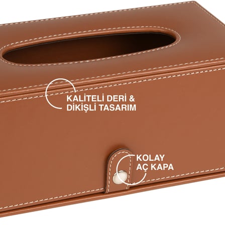 2K Premium Tasarım Vegan Deri Mendil ve Peçete Kutusu Maksi Boy Peçetelik Ofis Ev Hediyelik Masa üstü Aksesuar 24x13x10 cm. Taba