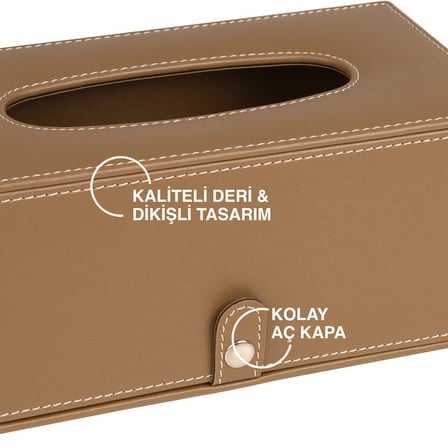 2K Premium Tasarım Vegan Deri Mendil ve Peçete Kutusu Maksi Boy Peçetelik Ofis Ev Hediyelik Masa üstü Aksesuar 24x13x10 cm. Vizon