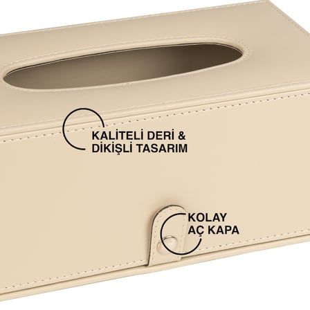 2K Premium Tasarım Vegan Deri Mendil ve Peçete Kutusu Maksi Boy Peçetelik Ofis Ev Hediyelik Masa üstü Aksesuar 24x13x10 cm. Bej