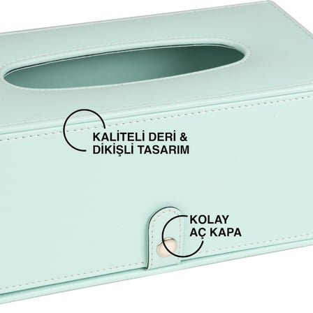 2K Premium Tasarım Vegan Deri Mendil ve Peçete Kutusu Maksi Boy Peçetelik Ofis Ev Hediyelik Masa üstü Aksesuar 24x13x10 cm. Su Yeşili