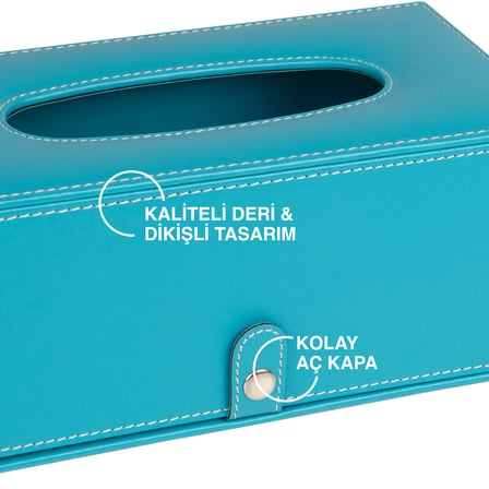 2K Premium Tasarım Vegan Deri Mendil ve Peçete Kutusu Maksi Boy Peçetelik Ofis Ev Hediyelik Masa üstü Aksesuar 24x13x10 cm. Turkuaz