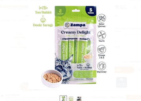 Zampa Creamy Delight Ton Balıklı ve Deniz Taraklı Kedi Krema Ödül Maması 16 Gr x 5 Adet