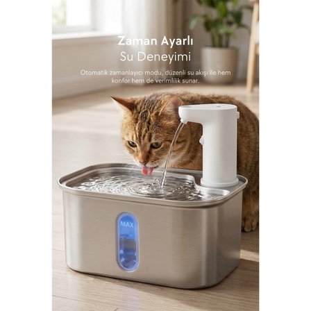 Zampa Zampa Kedi ve Köpekler İçin Kare Sensörlü Bataryalı Çelik Otomatik Su Pınarı 2.8 Litre