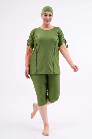 Büyük Beden Yarı Kapalı Tesettür Mayo Kol Detaylı 2311 Aysu Yeşil | 3XL