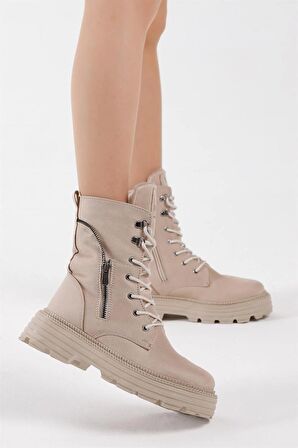 Tonny Black Kadın Krem Süet Poli Taban Fermuar Detaylı Rahat Kalıp Bağcıklı Bot