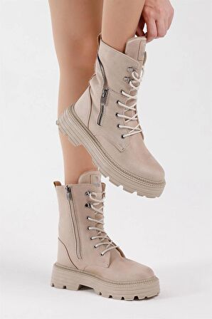 Tonny Black Kadın Krem Süet Poli Taban Fermuar Detaylı Rahat Kalıp Bağcıklı Bot