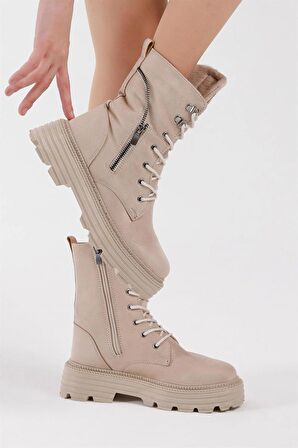 Tonny Black Kadın Krem Süet Poli Taban Fermuar Detaylı Rahat Kalıp Bağcıklı Bot