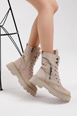 Tonny Black Kadın Krem Süet Poli Taban Fermuar Detaylı Rahat Kalıp Bağcıklı Bot