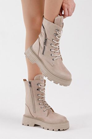 Tonny Black Kadın Krem Süet Poli Taban Fermuar Detaylı Rahat Kalıp Bağcıklı Bot