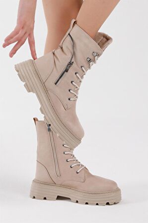 Tonny Black Kadın Krem Süet Poli Taban Fermuar Detaylı Rahat Kalıp Bağcıklı Bot