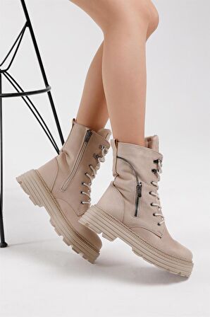 Tonny Black Kadın Krem Süet Poli Taban Fermuar Detaylı Rahat Kalıp Bağcıklı Bot