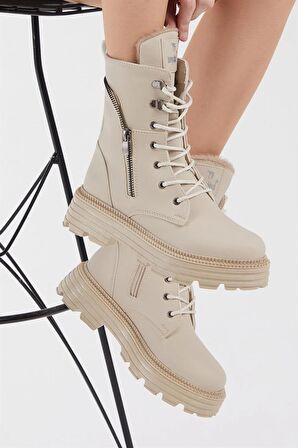 Tonny Black Kadın Krem Cilt Poli Taban Fermuar Detaylı Rahat Kalıp Bağcıklı Bot