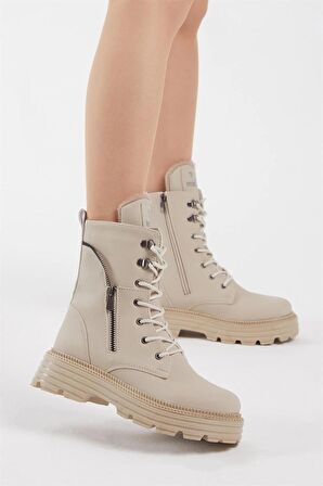 Tonny Black Kadın Krem Cilt Poli Taban Fermuar Detaylı Rahat Kalıp Bağcıklı Bot