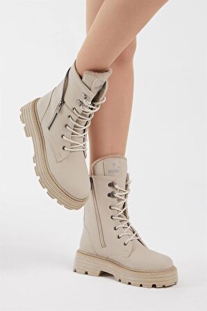 Tonny Black Kadın Krem Cilt Poli Taban Fermuar Detaylı Rahat Kalıp Bağcıklı Bot