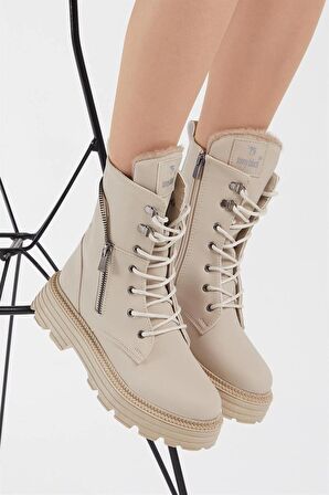 Tonny Black Kadın Krem Cilt Poli Taban Fermuar Detaylı Rahat Kalıp Bağcıklı Bot