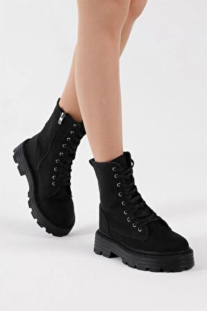 Tonny Black Kadın Siyah Süet Poli Taban Rahat Kalıp Bağcıklı Bot