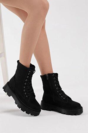 Tonny Black Kadın Siyah Süet Poli Taban Rahat Kalıp Bağcıklı Bot