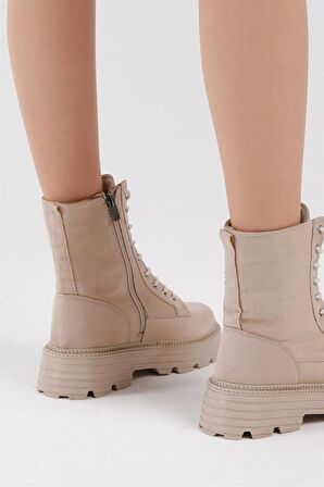 Tonny Black Kadın Krem Süet Poli Taban Rahat Kalıp Bağcıklı Bot