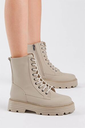 Tonny Black Kadın Krem Cilt Poli Taban Rahat Kalıp Bağcıklı Bot