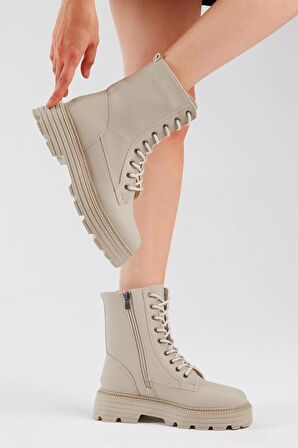 Tonny Black Kadın Krem Cilt Poli Taban Rahat Kalıp Bağcıklı Bot