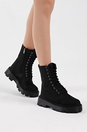 Tonny Black Kadın Siyah Süet Poli Taban Arkası Fermuar Detaylı Rahat Kalıp Bağcıklı Bot