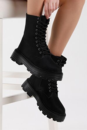 Tonny Black Kadın Siyah Süet Poli Taban Arkası Fermuar Detaylı Rahat Kalıp Bağcıklı Bot