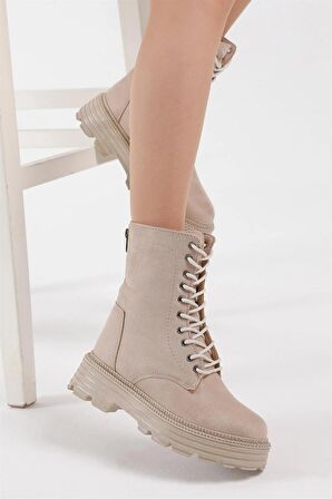 Tonny Black Kadın Krem Süet Poli Taban Arkası Fermuar Detaylı Rahat Kalıp Bağcıklı Bot