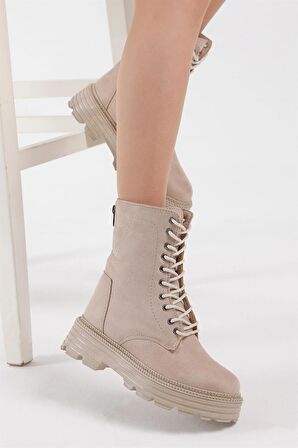 Tonny Black Kadın Krem Süet Poli Taban Arkası Fermuar Detaylı Rahat Kalıp Bağcıklı Bot