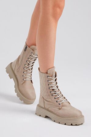 Tonny Black Kadın Krem Süet Desenli Rahat Kalıp Bağcıklı Bot