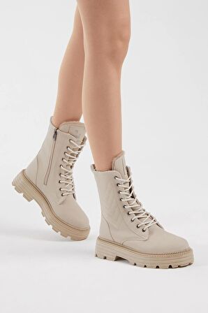 Tonny Black Kadın Krem Cilt Desenli Rahat Kalıp Bağcıklı Bot