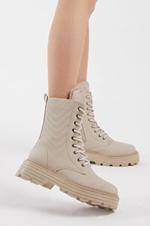 Tonny Black Kadın Krem Cilt Desenli Rahat Kalıp Bağcıklı Bot