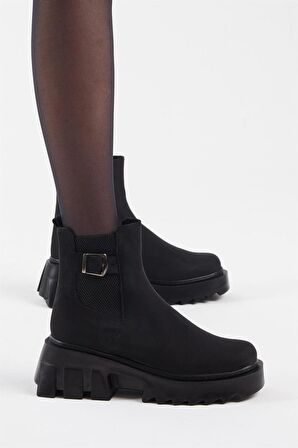 Tonny Black Kadın Siyah Süet Lastikli Tokalı Rahat Kalıp Bot