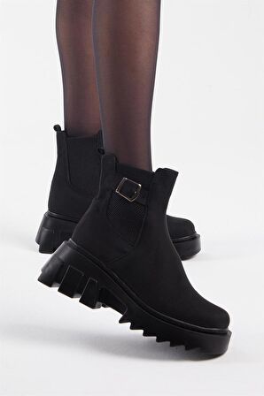 Tonny Black Kadın Siyah Süet Lastikli Tokalı Rahat Kalıp Bot