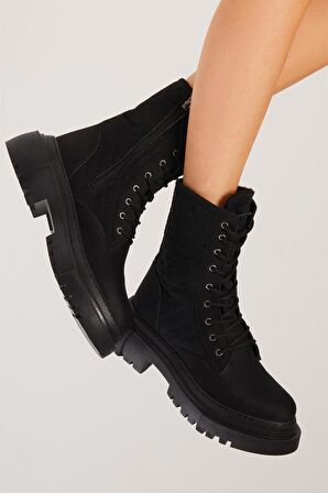 Tonny Black Kadın Siyah Süet Kapitone Desenli Rahat Kalıp Bağcıklı Uzun Bot