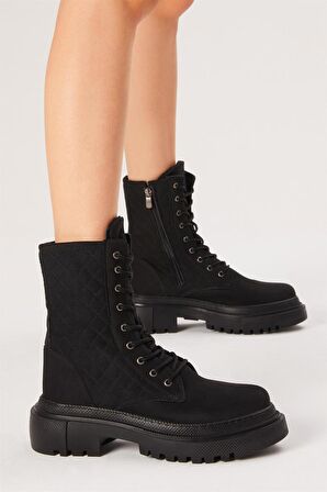 Tonny Black Kadın Siyah Süet Kapitone Desenli Rahat Kalıp Bağcıklı Uzun Bot