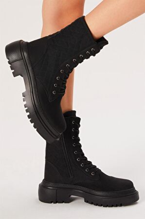 Tonny Black Kadın Siyah Süet Kapitone Desenli Rahat Kalıp Bağcıklı Uzun Bot