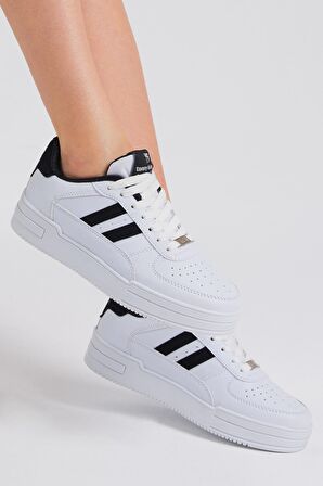 Tonny Black Unisex Beyaz Siyah Yanı Çizgili Bağcıklı Rahat Kalıp Sneaker