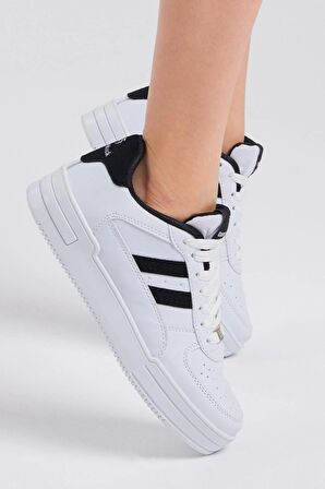 Tonny Black Unisex Beyaz Siyah Yanı Çizgili Bağcıklı Rahat Kalıp Sneaker
