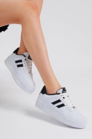 Tonny Black Unisex Beyaz Siyah Yanı Çizgili Bağcıklı Rahat Kalıp Sneaker