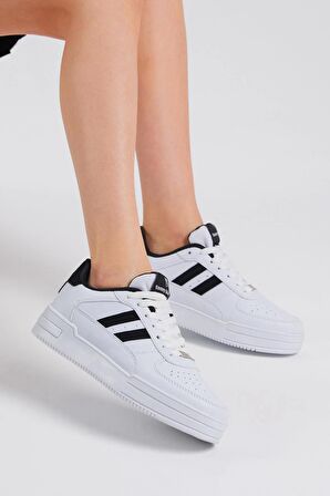 Tonny Black Unisex Beyaz Siyah Yanı Çizgili Bağcıklı Rahat Kalıp Sneaker