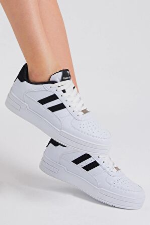 Tonny Black Unisex Beyaz Siyah Yanı Çizgili Bağcıklı Rahat Kalıp Sneaker