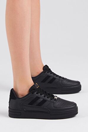 Tonny Black Unisex Siyah Siyah Yanı Çizgili Bağcıklı Rahat Kalıp Sneaker