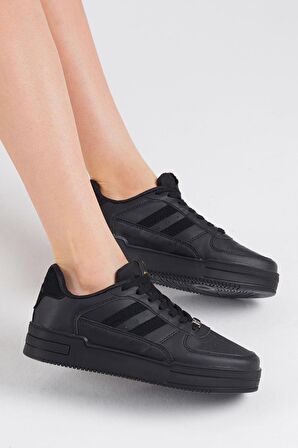 Tonny Black Unisex Siyah Siyah Yanı Çizgili Bağcıklı Rahat Kalıp Sneaker