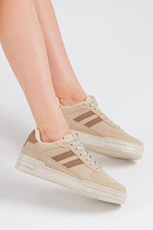 Tonny Black Unisex Bej Kahve Yanı Çizgili Bağcıklı Rahat Kalıp Sneaker