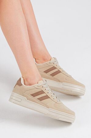 Tonny Black Unisex Bej Kahve Yanı Çizgili Bağcıklı Rahat Kalıp Sneaker