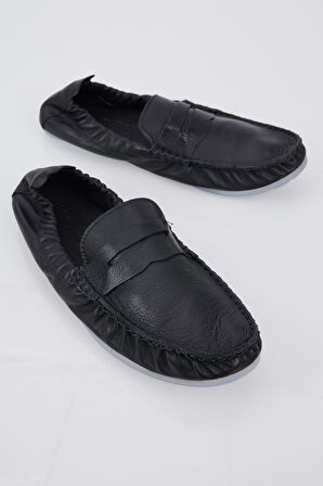 Tonny Black Erkek Siyah Arkası Lastikli Rahat Kalıp Hakiki Deri Loafer